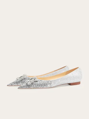 Brillante Plata Rhinestone Lentejuelas Planos Punta Estrecha Zapatos De Novia 2024