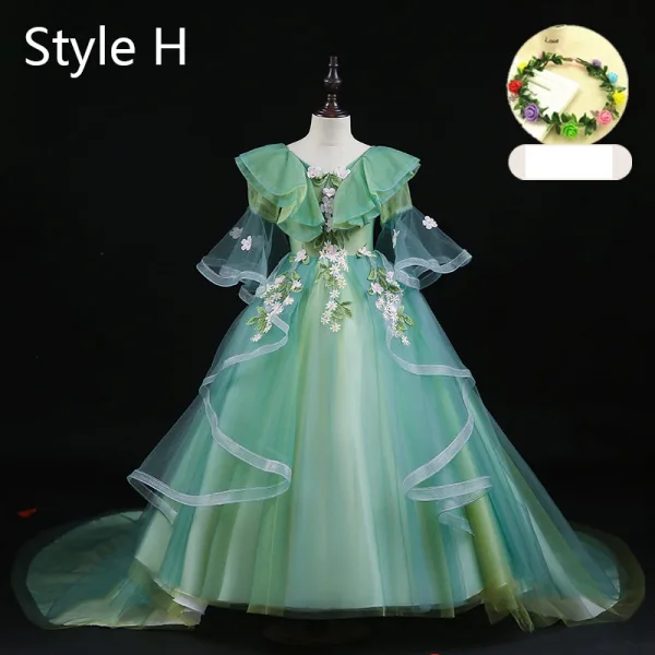 Flower Fairy Sage Green Appliques Lace Flower Birthday Flower Girl Dresses 2024 Ball Gown V-Neck Bell sleeves Court Train Flower Girl Dresses