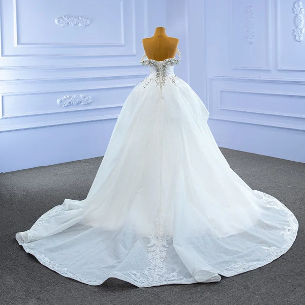 Luxe Blanche Fait main Perlage Faux Diamant Perle Paillettes Robe De Mariée 2022 Trompette / Sirène De l'épaule Manches Courtes Dos Nu Cathedral Train Mariage