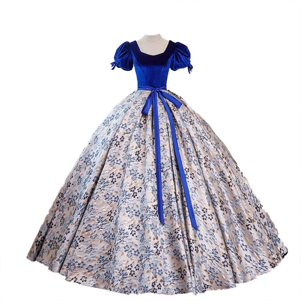 Élégant Bleu Roi Floral Robe De Bal 2023 Robe Boule Encolure Carrée Gonflée Manches Courtes Noeud Ceinture Dos Nu Longue Promo Robe De Ceremonie