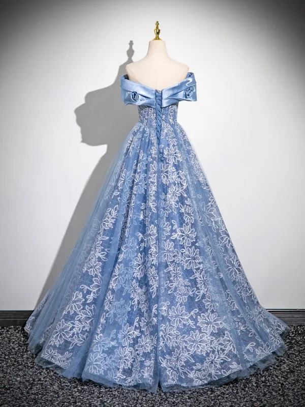 Chic / Beautiful Sky Blue Lace Flower Sequins Prom Dresses 2025 A-Line / Princess Off-The-Shoulder Sleeveless Backless Floor-Length / Long Prom Formal Dresses