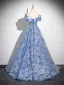Chic / Beautiful Sky Blue Lace Flower Sequins Prom Dresses 2025 A-Line / Princess Off-The-Shoulder Sleeveless Backless Floor-Length / Long Prom Formal Dresses