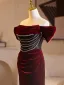 Elegant Burgundy Rhinestone Velvet Prom Dresses 2025 Trumpet / Mermaid Off-The-Shoulder Short Sleeve Backless Sweep Train Prom Formal Dresses