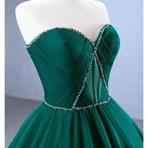 High-end Vintage / Retro Dark Green Pleated Prom Dresses 2023 Ball Gown Strapless Beading Sleeveless Backless Sweep Train Prom Formal Dresses