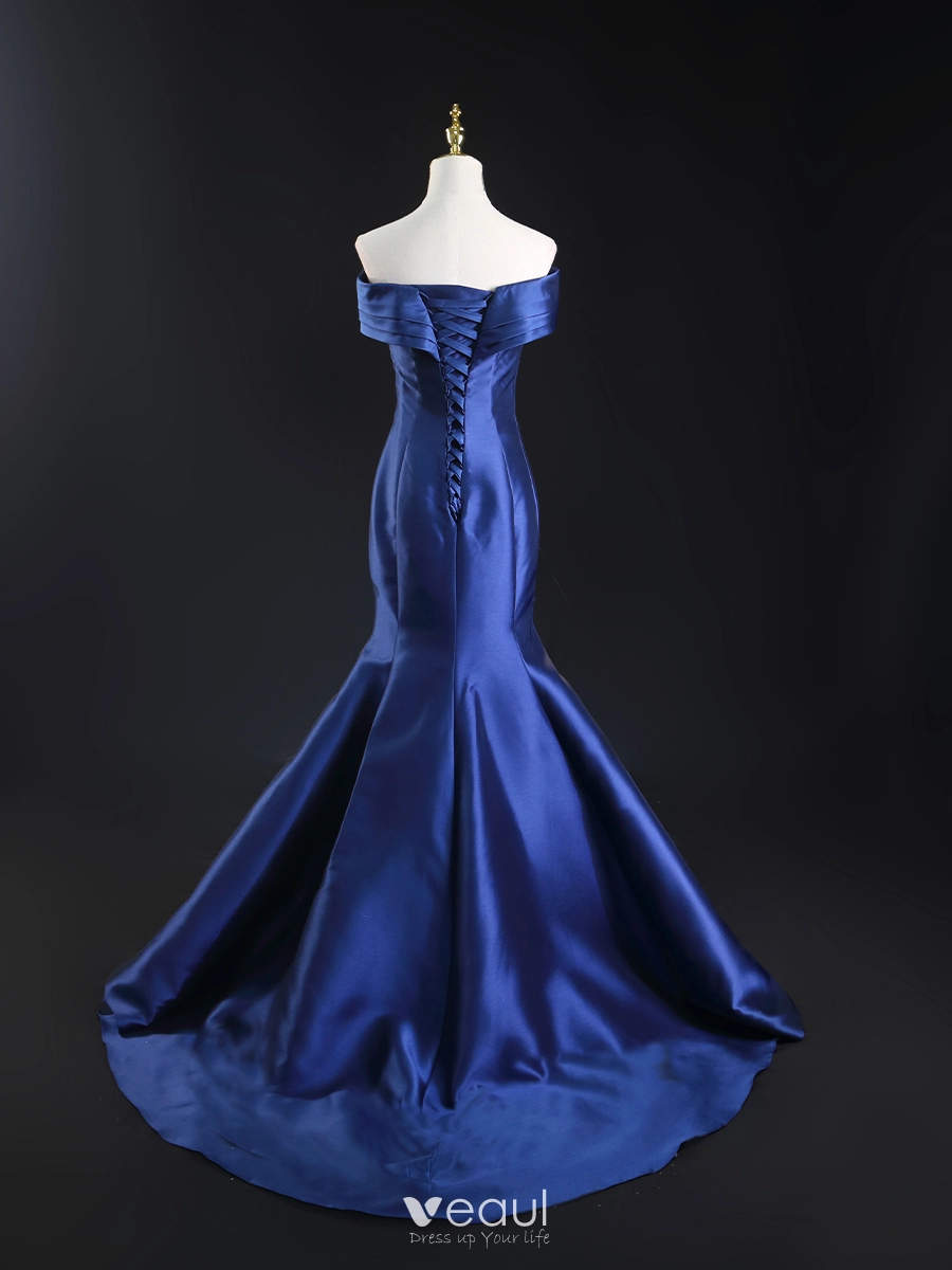 Vintage Retro Royal Blue Evening Dresses 2024 Trumpet Mermaid Off The Shoulder Sleeveless Backless Sweep Train Evening Party Formal Dresses