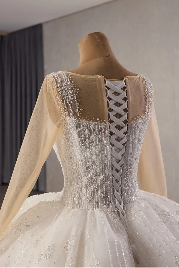 Luxury / Gorgeous White Handmade  Beading Sequins Pearl Wedding Dresses 2025 Ball Gown Scoop Neck Long Sleeve Chapel Train Wedding