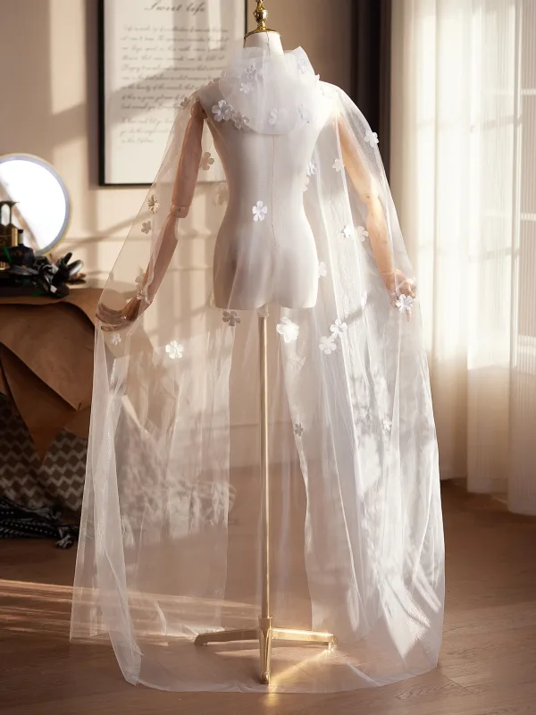 Élégant Blanche Fait main Appliques Mariage Vestes & Enveloppements Tulle 2026 châle
