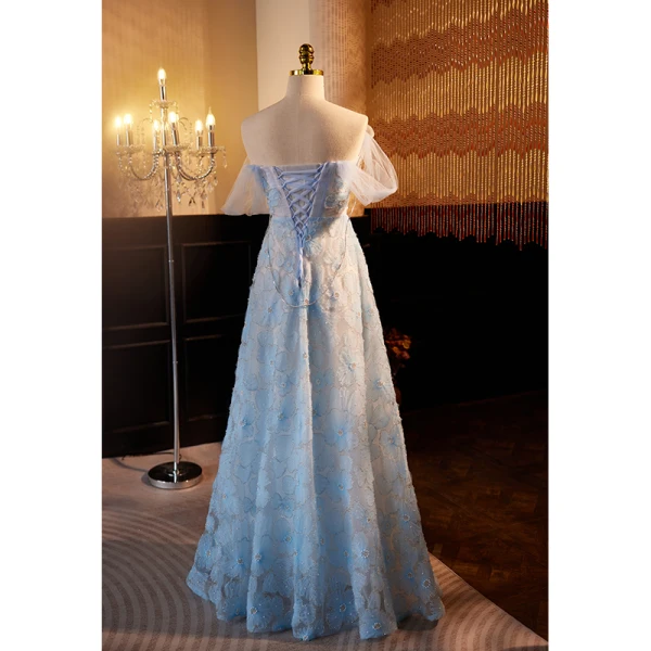 Charmant Himmelblau Perle Pailletten Blumen Ballkleider 2023 A Linie Bandeau Ärmellos Rückenfreies Lange Ball Festliche Kleider