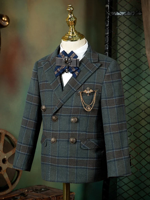 Ink Blue Plaid 6-piece Boys Wedding Suits 2022 Long Sleeve Body Jewellery Coat Pants Shirt Tie Vest