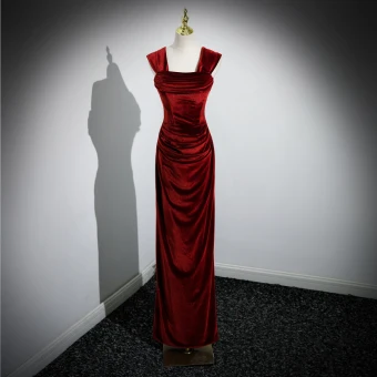 Sexy Burgundy Velvet Evening Dresses 2023 Trumpet Mermaid Square Neckline Sleeveless Backless Floor Length Long Formal Dresses