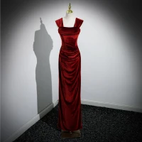 Sexy Borgoña Terciopelo Vestidos de noche 2023 Trumpet / Mermaid Escote Cuadrado Sin Mangas Sin Espalda Largos Vestidos Formales