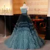 Fashion Ink Blue Cascading Ruffles Prom Dresses 2023 Ball Gown Strapless Sleeveless Backless Sweep Train Prom Formal Dresses