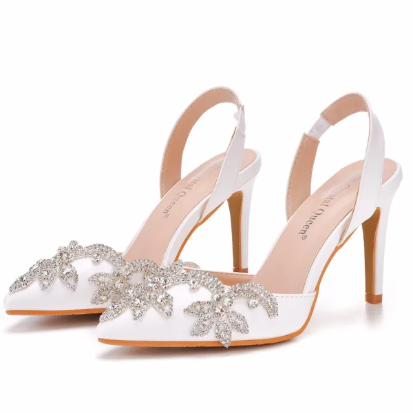 Charmant Blanche Faux Diamant Chaussure De Mariée 2022 9 cm Talons Aiguilles À Bout Pointu Mariage Talons Hauts