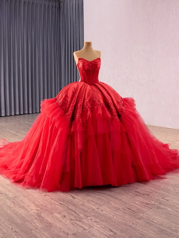 High-end Red Beading Rhinestone Lace Flower Wedding Dresses 2025 Ball Gown Strapless Sleeveless Backless Chapel Train