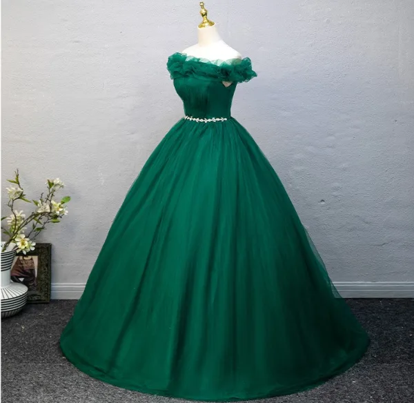 Vintage Dunkelgrün Strass Ballkleider 2025 A Linie Off Shoulder Ärmellos Rückenfreies Lange Ball Festliche Kleider