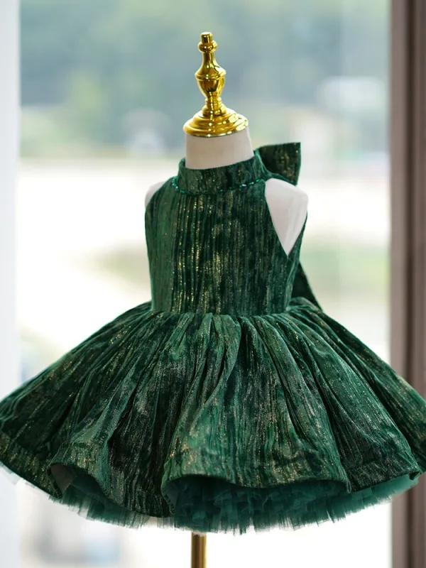 Chic / Belle Vert Anniversaire Noeud Glitter Courte Robe Ceremonie Fille 2024 Robe Boule Col Haut Sans Manches