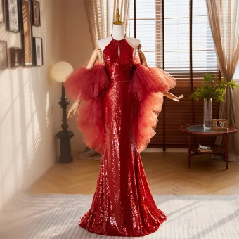 Mode Rouge Paillettes Robe De Soirée 2024 Trompette Sirène Titulaire Sans Manches Dos Nu Longue Soirée Robe De Ceremonie