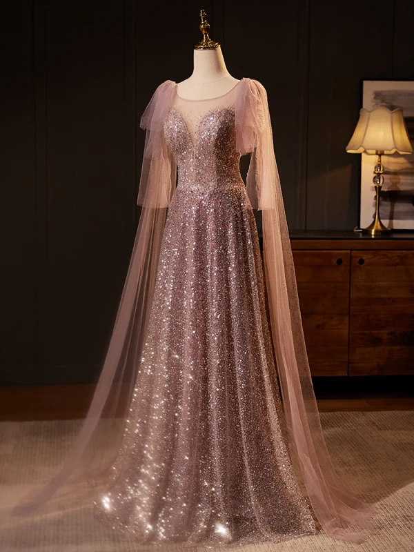 Sparkly Blushing Pink Sequins Prom Dresses 2024 A-Line / Princess Scoop Neck Short Sleeve Backless Floor-Length / Long Prom Formal Dresses