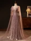 Sparkly Blushing Pink Sequins Prom Dresses 2024 A-Line / Princess Scoop Neck Short Sleeve Backless Floor-Length / Long Prom Formal Dresses