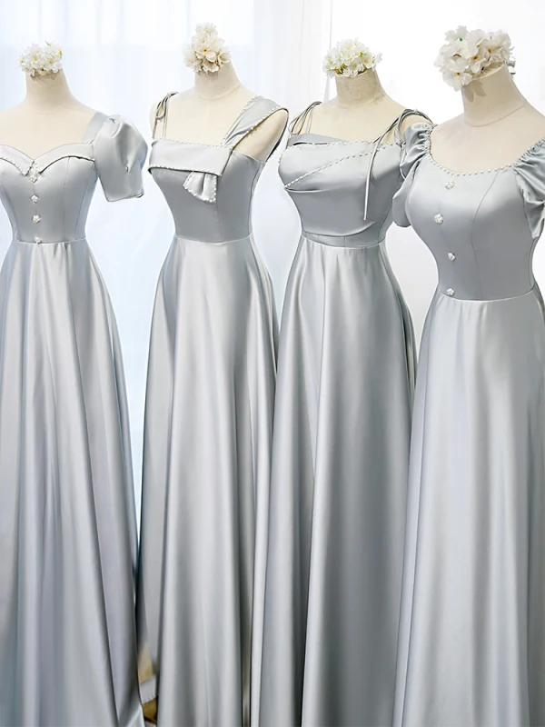Modest / Simple Silver Grey Satin Bridesmaid Dresses 2022 A-Line / Princess Short Sleeve Backless Floor-Length / Long Wedding Party Dresses