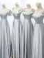 Modest / Simple Silver Grey Satin Bridesmaid Dresses 2022 A-Line / Princess Short Sleeve Backless Floor-Length / Long Wedding Party Dresses