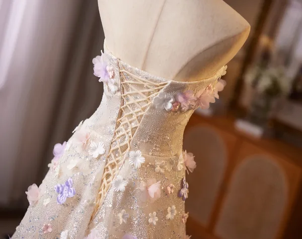 Flower Fairy Bling Bling Champagne Sequins Appliques Prom Dresses 2025 A-Line / Princess Strapless Sleeveless Backless Floor-Length / Long Formal Dresses