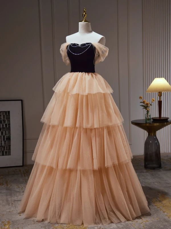 Chic / Beautiful Champagne Cascading Ruffles Prom Dresses 2023 A-Line / Princess Off-The-Shoulder Rhinestone Sleeveless Backless Floor-Length / Long Prom Formal Dresses