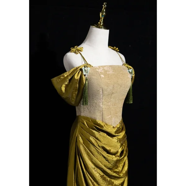 Élégant Armée Verte Trompette / Sirène Robe De Bal 2026 Bretelles Spaghetti Manches Courtes Dos Nu Train De Balayage Promo Robe De Ceremonie