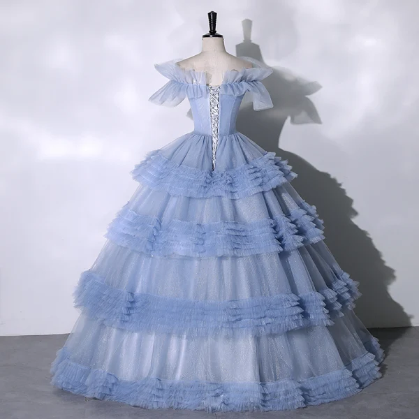 Chic / Beautiful Sky Blue Cascading Ruffles Prom Dresses 2023 Ball Gown Off-The-Shoulder Ruffle Short Sleeve Backless Floor-Length / Long Prom Formal Dresses