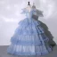 Chic / Beautiful Sky Blue Cascading Ruffles Prom Dresses 2023 Ball Gown Off-The-Shoulder Ruffle Short Sleeve Backless Floor-Length / Long Prom Formal Dresses