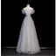 Sexy Grey Beading Pearl Rhinestone Prom Dresses 2023 A-Line / Princess Off-The-Shoulder Short Sleeve Backless Floor-Length / Long Prom Formal Dresses