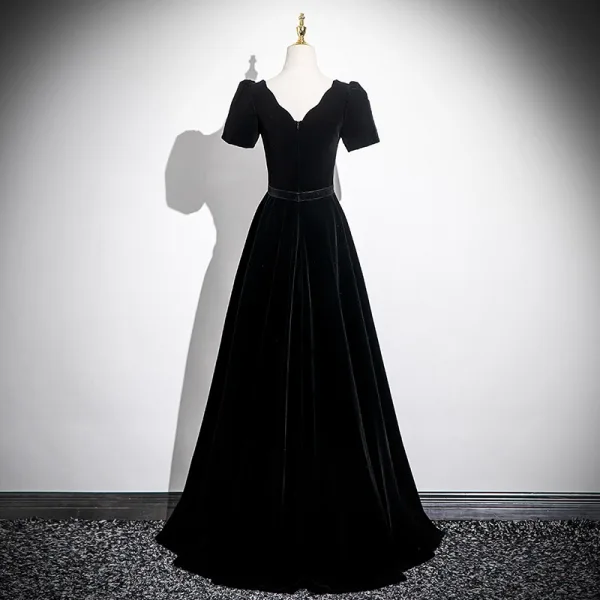 Chic / Beautiful Black Rhinestone Velvet Evening Dresses 2025 A-Line / Princess Square Neckline Short Sleeve Backless Floor-Length / Long Evening Party Formal Dresses