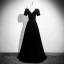 Chic / Beautiful Black Rhinestone Velvet Evening Dresses 2025 A-Line / Princess Square Neckline Short Sleeve Backless Floor-Length / Long Evening Party Formal Dresses