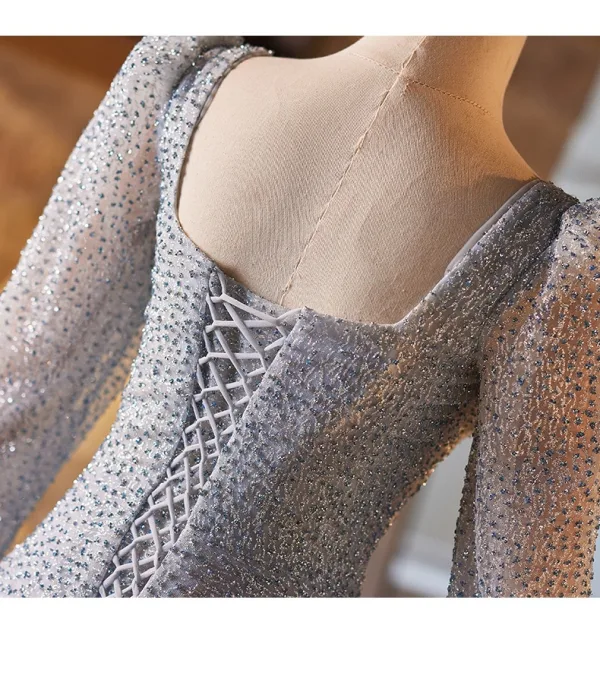Bling Bling Silber Grau Pailletten Ballkleider 2024 A Linie Eckiger Ausschnitt Lange Ärmel Rückenfreies Lange Ball Festliche Kleider