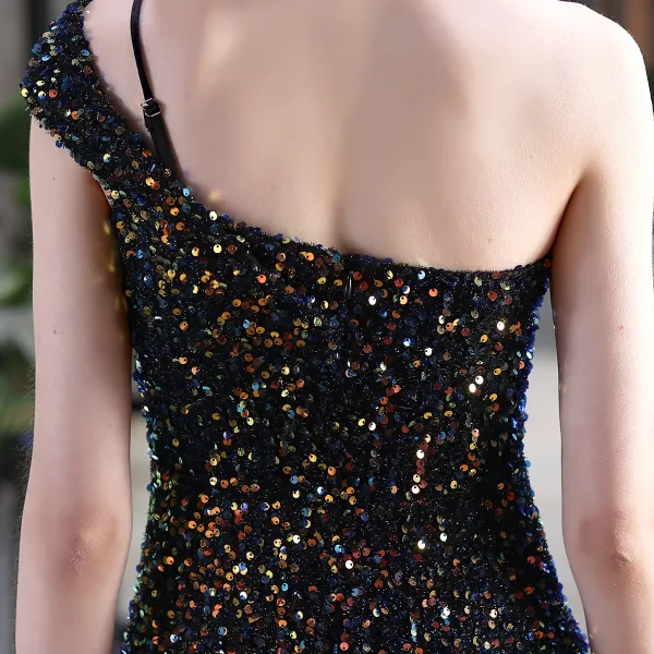 Scintillantes Noire Paillettes Robe De Soirée 2022 Trompette / Sirène Une épaule Sans Manches Dos Nu Longue Soirée Robe De Ceremonie