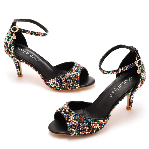 Sexy Noire Multi-Couleurs Faux Diamant Cocktail Sandales Femme 2023 Bride Cheville 7 cm Talons Aiguilles Peep Toes / Bout Ouvert Sandales Talons Hauts