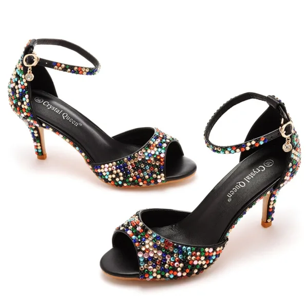 Schöne Multifarben Strass Abend Schwarz Sandalen Damen 2025 7 cm Stilettos Peeptoes Sandaletten Hochhackige