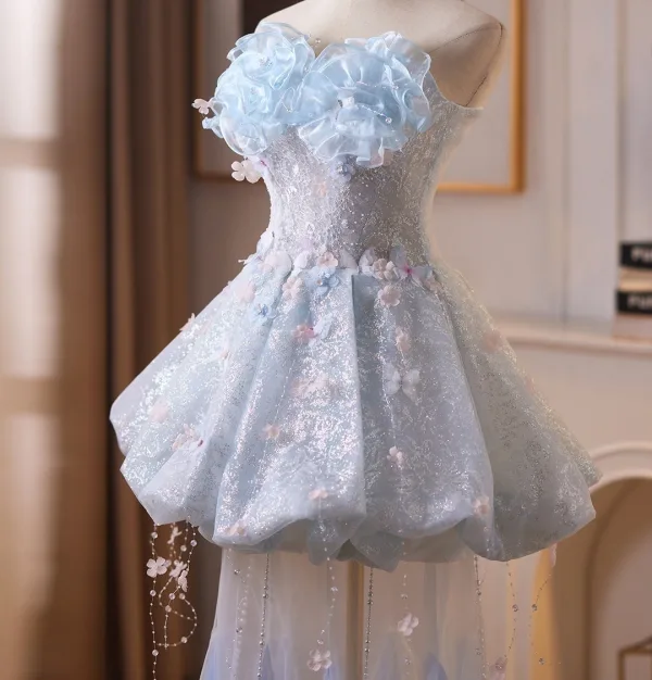 Sexy Sky Blue Beading Lace Flower Appliques Pearl Evening Dresses 2026 Trumpet / Mermaid Strapless Sleeveless Backless Floor-Length / Long Formal Dresses