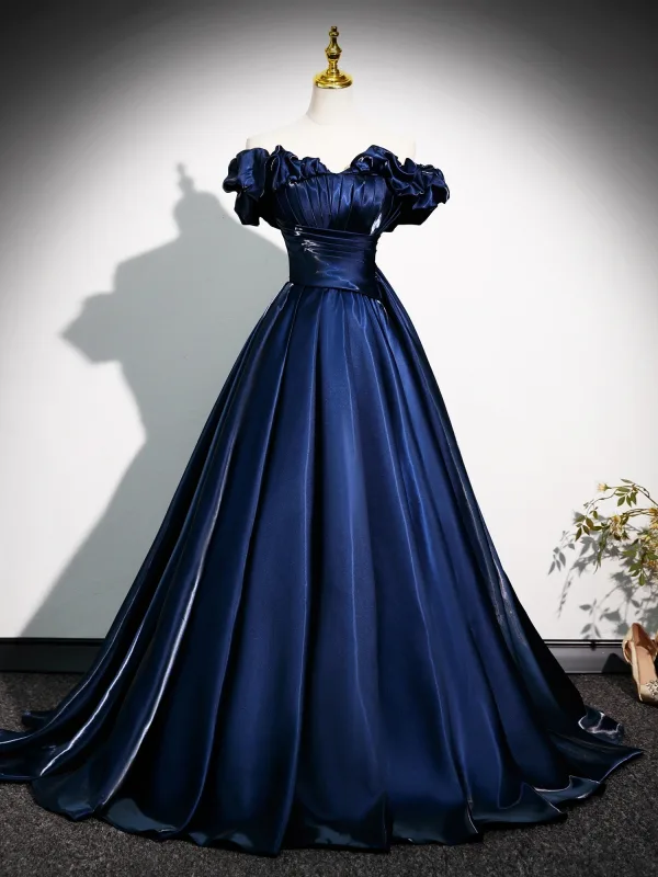Vintage / Retro Navy Blue Satin Prom Dresses 2025 Ball Gown Off-The-Shoulder Short Sleeve Backless Floor-Length / Long Formal Dresses