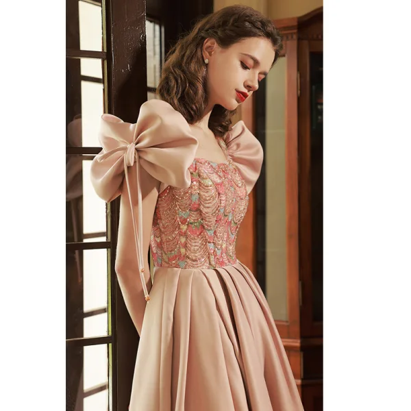 Élégant Rougissant Rose Perlage Paillettes Robe De Bal 2023 Princesse Encolure Carrée Noeud Manches Courtes Dos Nu Longue Promo Robe De Ceremonie