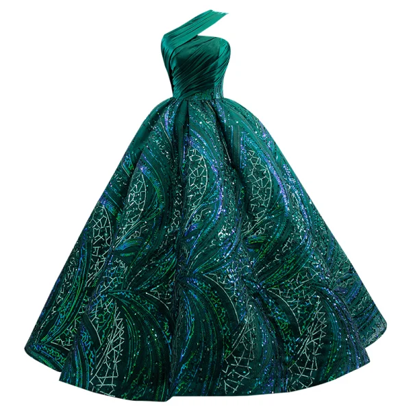 Vintage / Retro High-end Dark Green Sequins Prom Dresses 2022 Ball Gown One-Shoulder Sleeveless Backless Floor-Length / Long Prom Formal Dresses