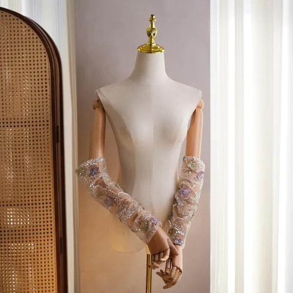 Élégant Champagne Fait main Perlage En Dentelle Fleur Mariage Gants Mariage 2026 Tulle