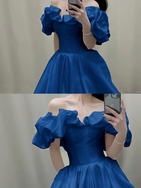 Vintage / Retro Modest / Simple Royal Blue Prom Dresses 2023 Ball Gown Off-The-Shoulder Puffy Short Sleeve Backless Floor-Length / Long Prom Formal Dresses