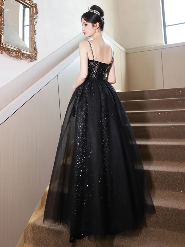 Sparkly Sexy Black Sequins Evening Dresses 2023 A-Line / Princess Spaghetti Straps Sleeveless Backless Floor-Length / Long Evening Party Formal Dresses
