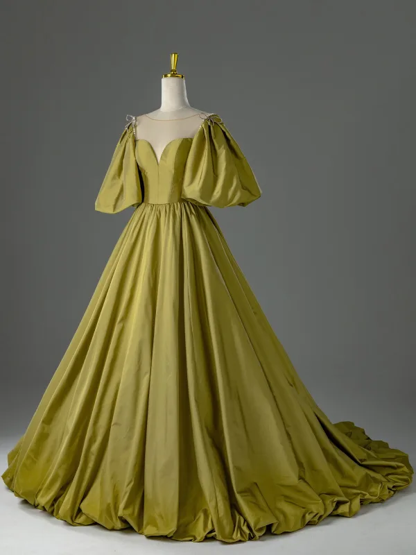 Vintage / Retro Modest / Simple Army Green Prom Dresses 2026 Ball Gown Scoop Neck Puffy Short Sleeve Backless Floor-Length / Long Formal Dresses
