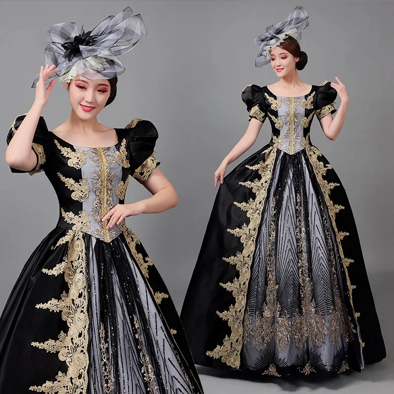 Vintage Retro Medieval Black Beading Sequins Lace Flower Prom Dresses 2022 Ball Gown