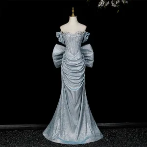 Sexy Bling Bling Himmelen Blå Rhinestone Paljetter Selskapskjoler 2026 Trompet Havfrue Strapless Uten Ermer Ryggløse Sløyfe Lange Formelle Kjoler