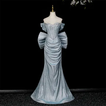 Sexy Bling Bling Sky Blue Rhinestone Sequins Evening Dresses 2026 Trumpet Mermaid Strapless Sleeveless Backless Bow Floor Length Long Formal Dresses