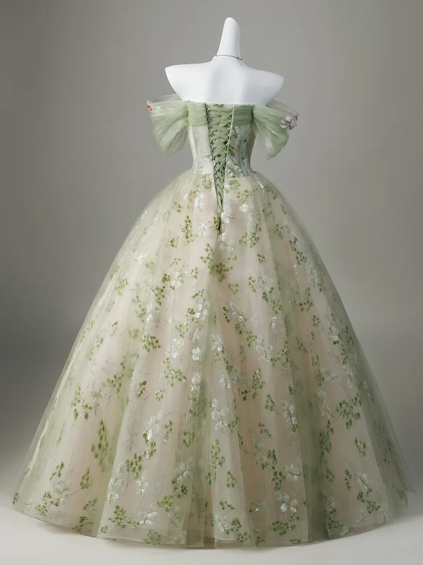 Elegant Sage Green Sequins Flower Prom Dresses 2026 Ball Gown Off-The-Shoulder Sleeveless Backless Floor-Length / Long Prom Formal Dresses