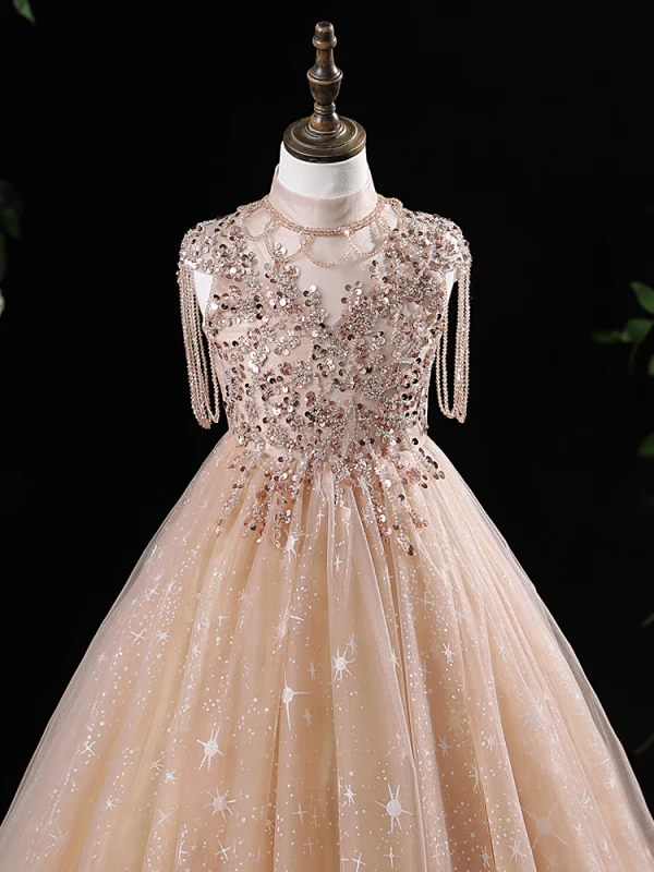 Bling Bling Champagne Beading Sequins Birthday Flower Girl Dresses 2024 A-Line / Princess High Neck Sleeveless Floor-Length / Long